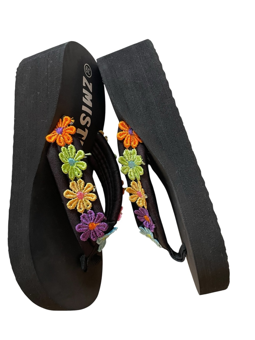 Multicolored Platform Flip Flop Sandals Floral Embroidery Boho Fairy